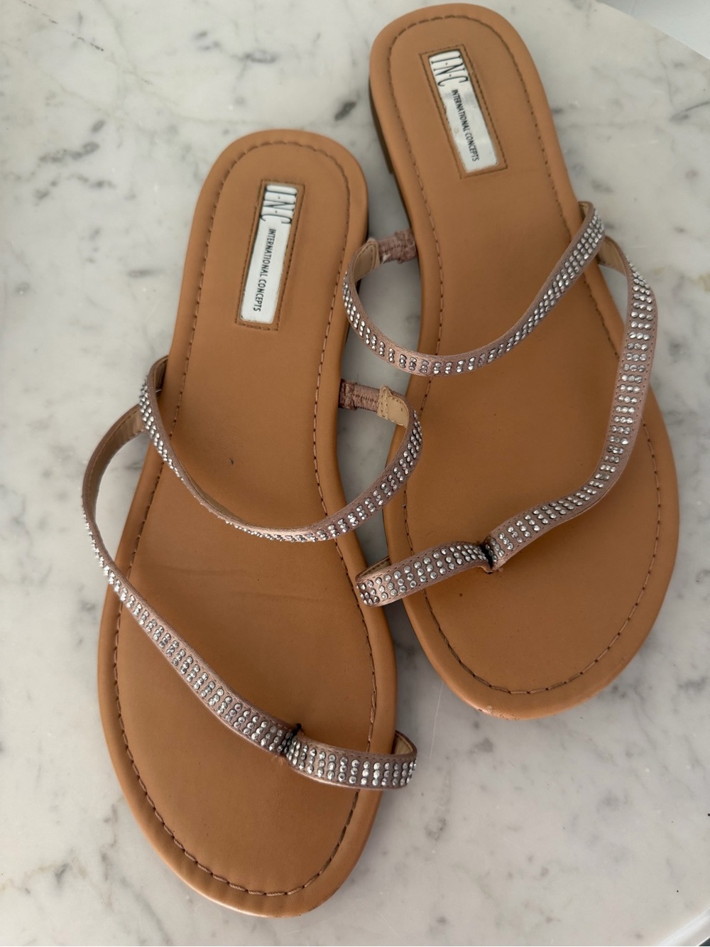 INC International Concepts Rose Gold Rhinestone Strappy Sandals